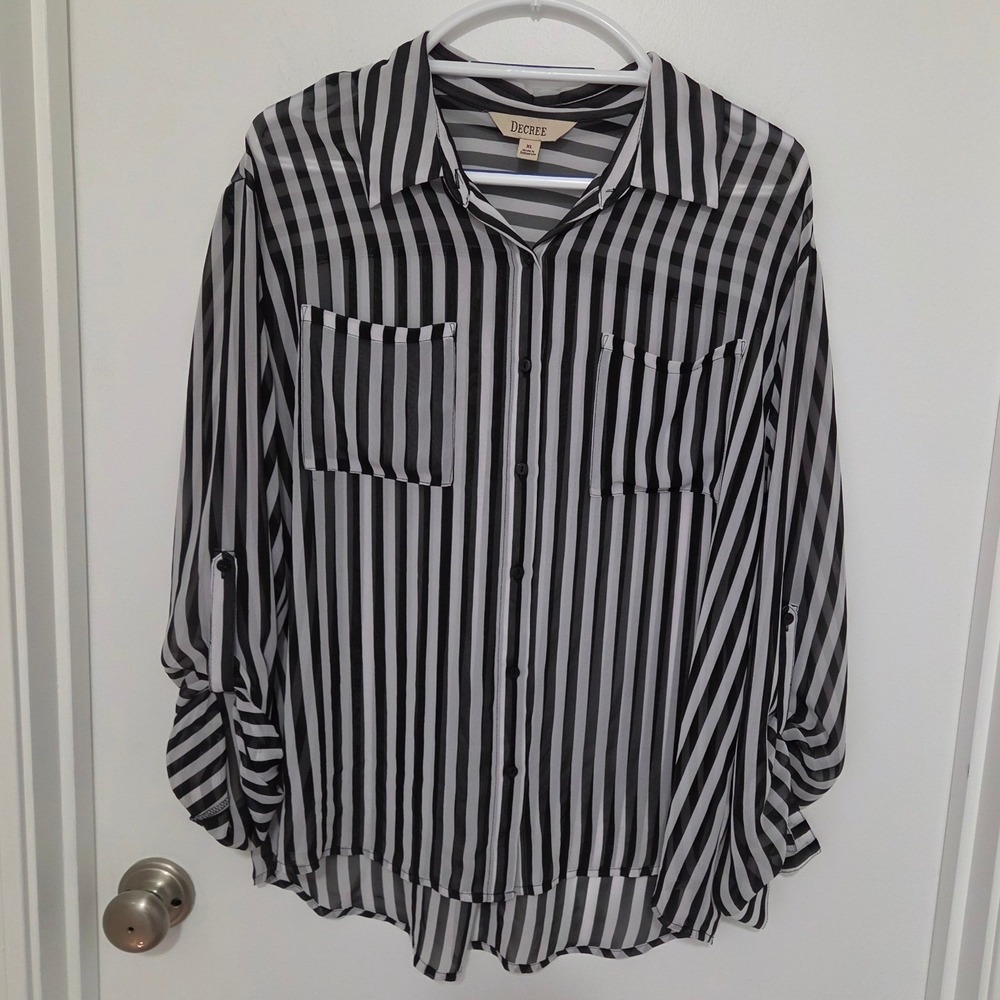Decree Black White Striped Button Up Blouse XL Roll Tab Sleeve Sheer Top